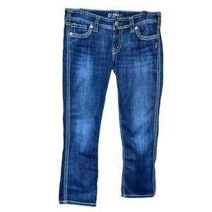 Silver Jeans Co Twisted Capri Denim Jeans Womens Size 28 Dark Wash Whiskered